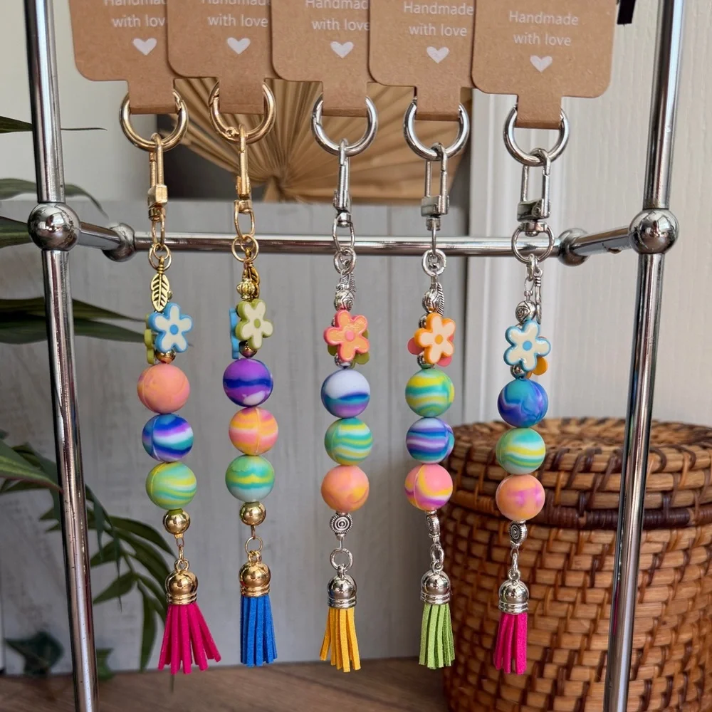 Flower Power Multicolor Swirl Silicone Bead Bag Charm Keychain